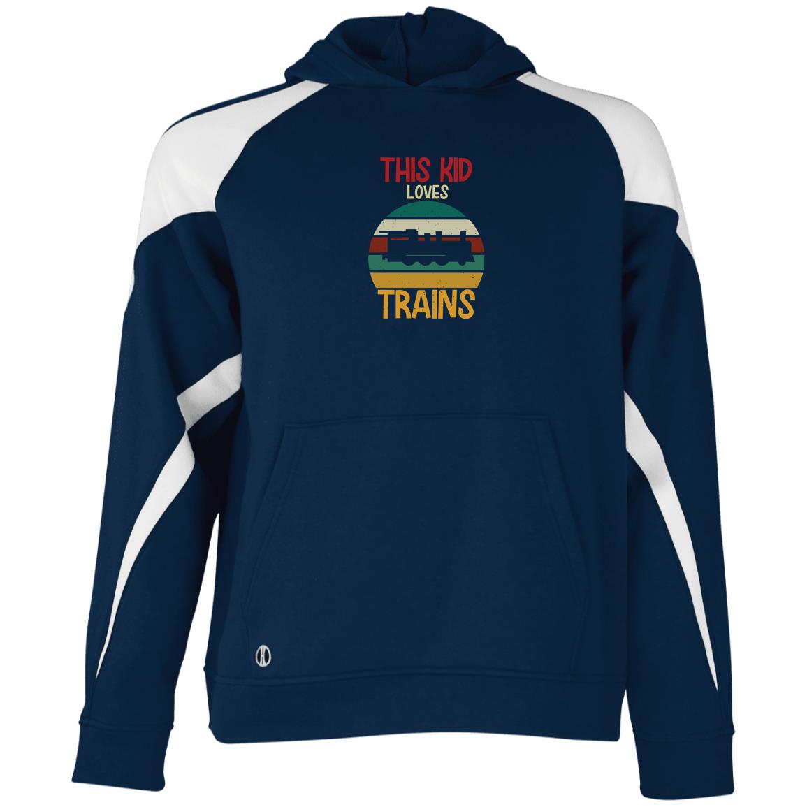 This Kid Loves Trains Youth Athletic Colorblock Fleece Hoodie - Broken Knuckle Apparel