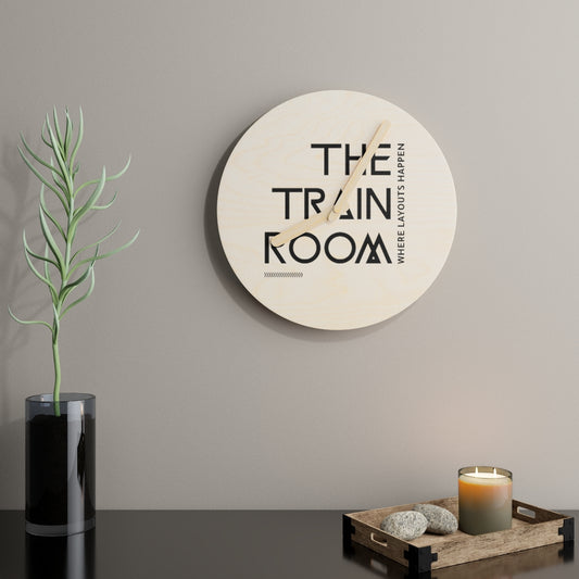 The Train Room Where Layouts Happen Wooden Wall Clock - Broken Knuckle Apparel