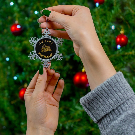 Trains Make Me Happy Pewter Snowflake Ornament - Broken Knuckle Apparel